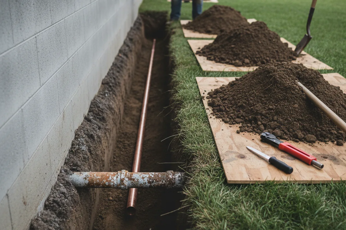 Excavated water line trench during Water Softener Installation in Luray